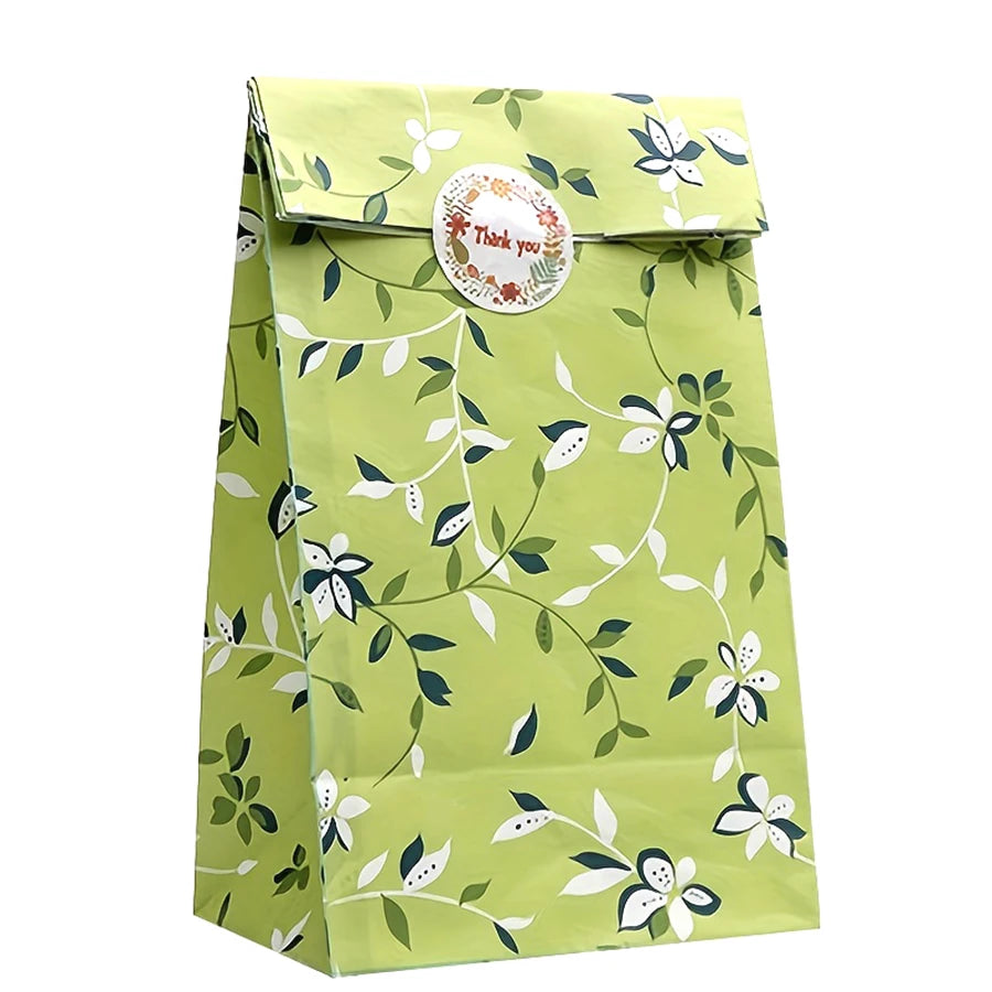 12/24PCS Plant Pattern Kraft Paper Gift Bags with Stickers for Candy, Cookies, Bakery Treats & Gift Packaging