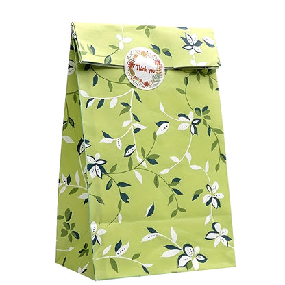 12/24PCS Plant Pattern Kraft Paper Gift Bags with Stickers for Candy, Cookies, Bakery Treats & Gift Packaging