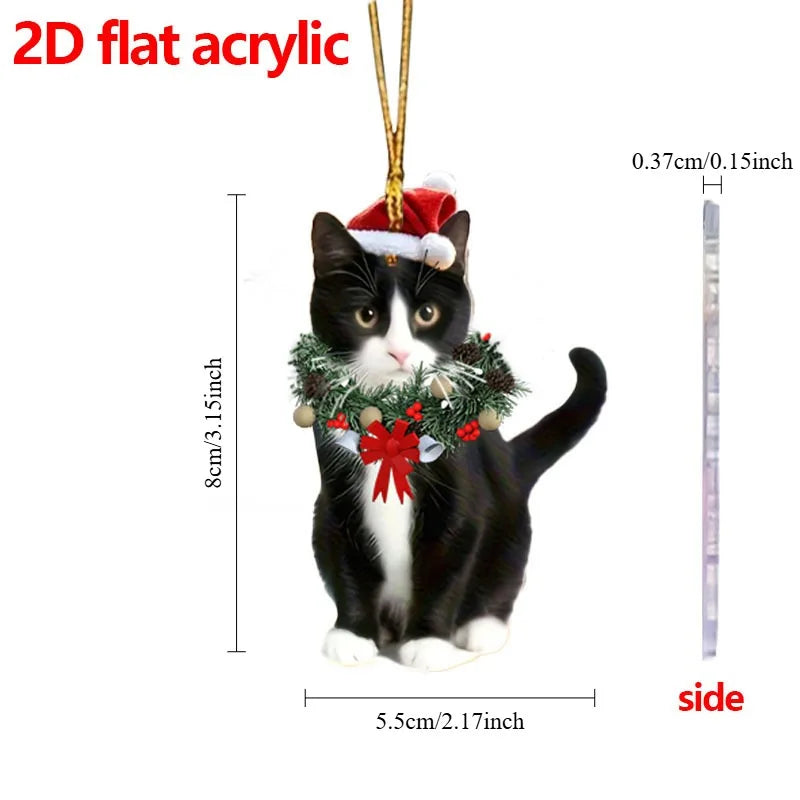 Cute Cat 2D Acrylic Christmas Pendant – Flat Hanging Ornament for Xmas Tree, Holiday Party & Festive Home Decor
