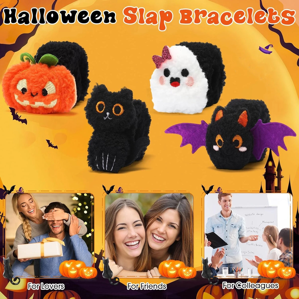 12-48PCS Halloween Ghost Plush Slap Bracelets, Stuffed Wristbands Trick or Treat Gifts, Halloween Party Favor Bag Fillers, Classroom Prizes for Kids