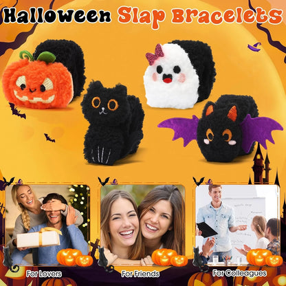 12-48PCS Halloween Ghost Plush Slap Bracelets, Stuffed Wristbands Trick or Treat Gifts, Halloween Party Favor Bag Fillers, Classroom Prizes for Kids