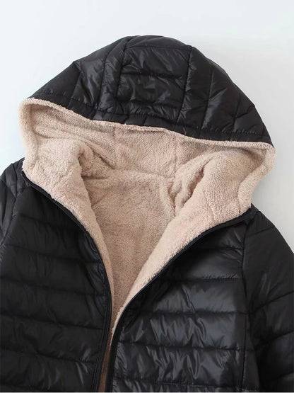 Women’s Korean-Style Mid-Length Hooded Coat – Warm Cotton Parka with Lamb Fleece, Casual Office Jacket for Autumn & Winter