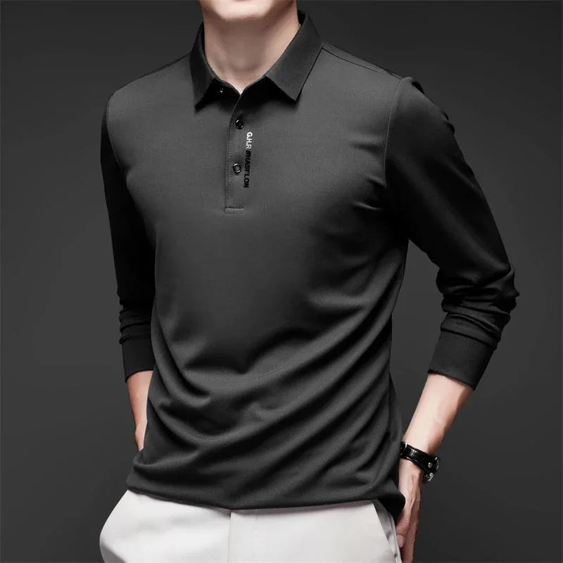 Polo à manches longues pour homme – Haut décontracté de couleur unie, respirant, confortable et tendance pour le quotidien