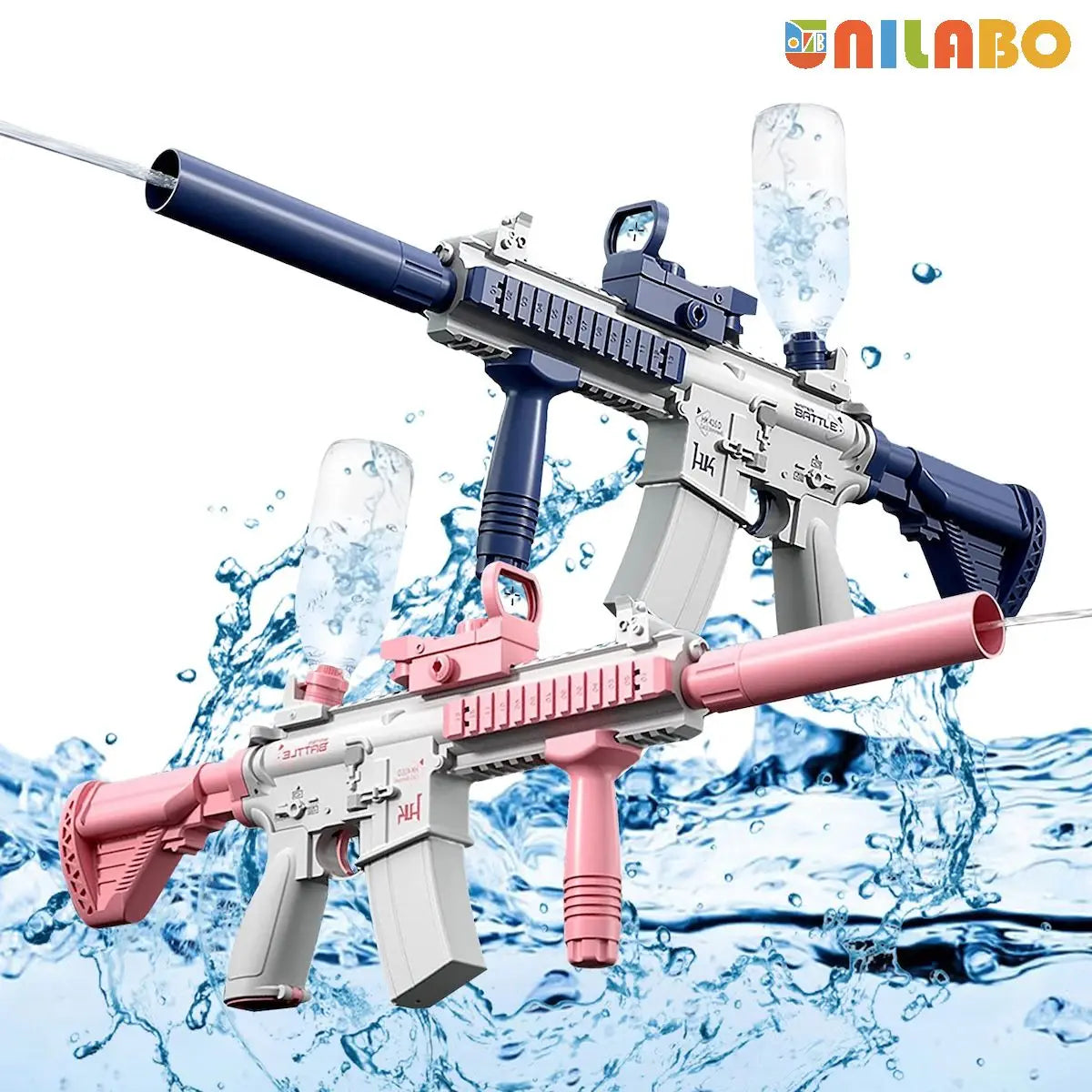 Pistola de agua eléctrica Unilabo M416 – Lanza agua automática a batería con accesorio de botella externa para diversión veraniega al aire libre para niños y adultos