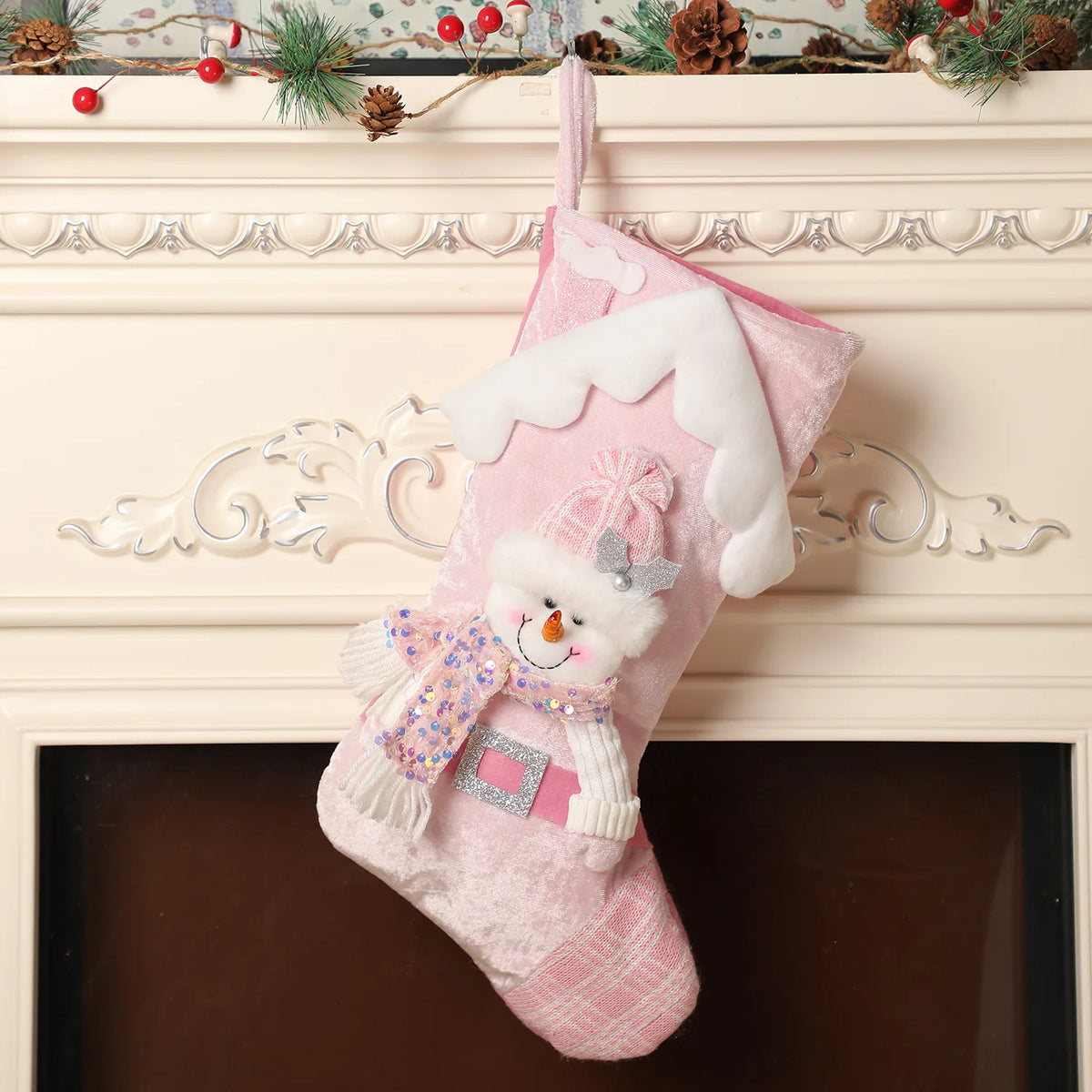 Pink Christmas Stockings – Santa Claus, Snowman & Reindeer Holiday Stocking Decorations for Family, Xmas Parties, Navidad & Home Decor