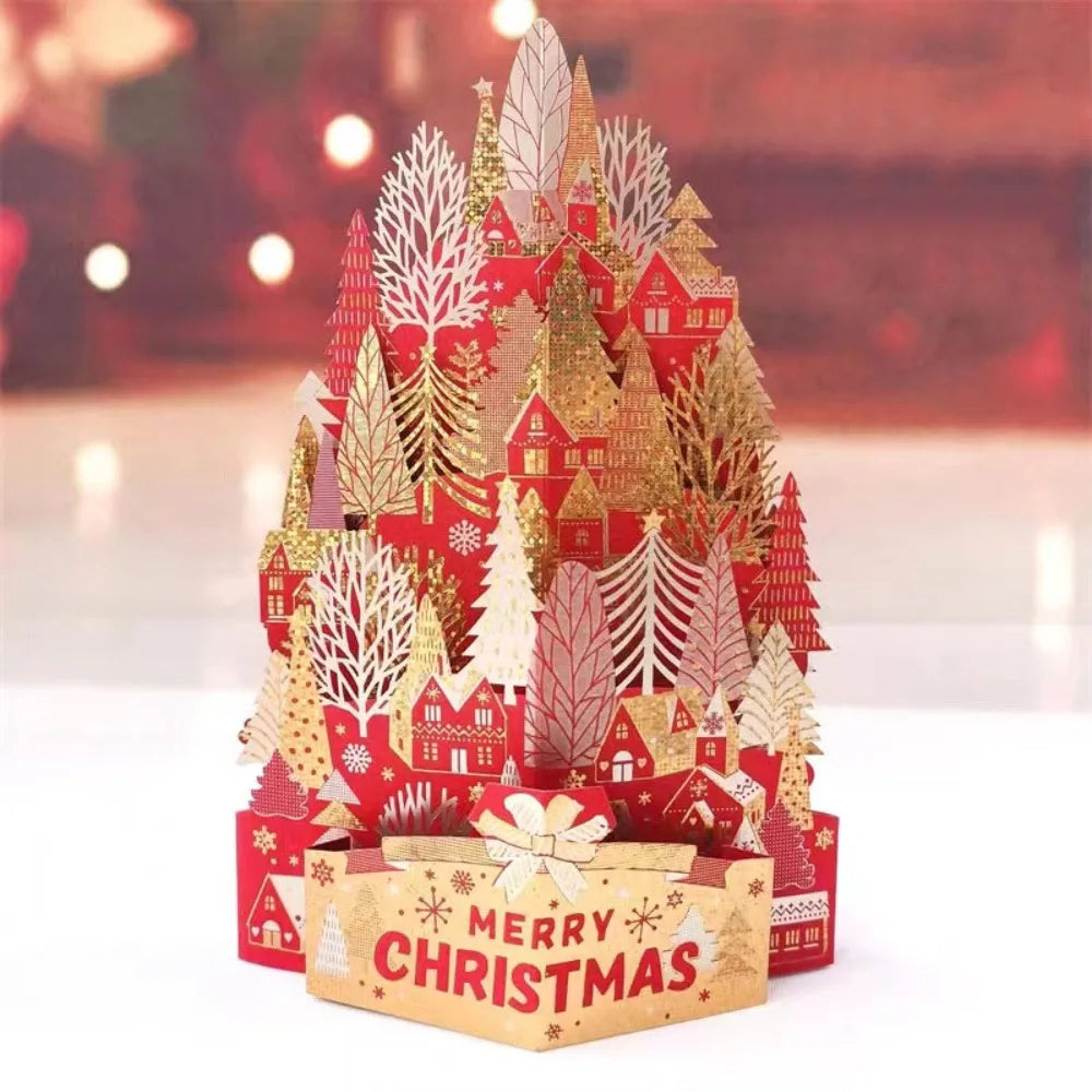3D Christmas Greeting Card – Hot Stamped Laser Engraved Pop-Up Paper Card for Xmas, New Year, Thank You & Friends