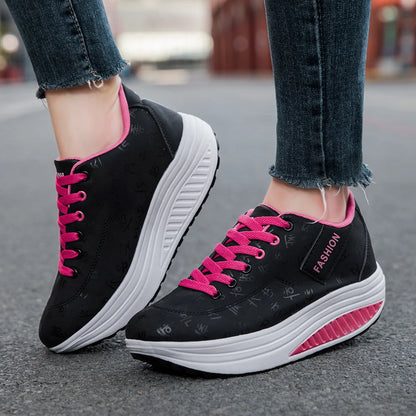 Zapatillas deportivas de mujer con cuña – Calzado deportivo casual transpirable con cordones, suela gruesa, zapatos cómodos para caminar