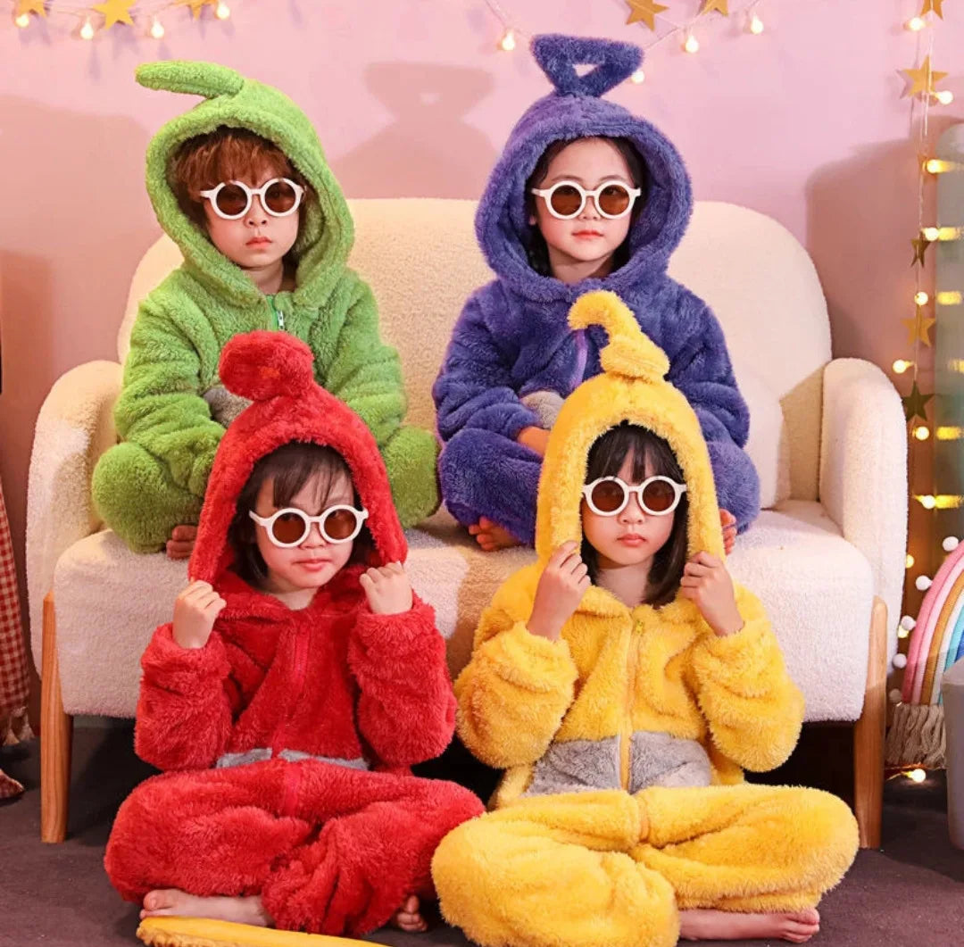 Teletubbies Inspired Adult Cosplay Pajamas – Tinky Winky / Laa-Laa / Po Soft Long Sleeve Onesie Costume (4 Colors)