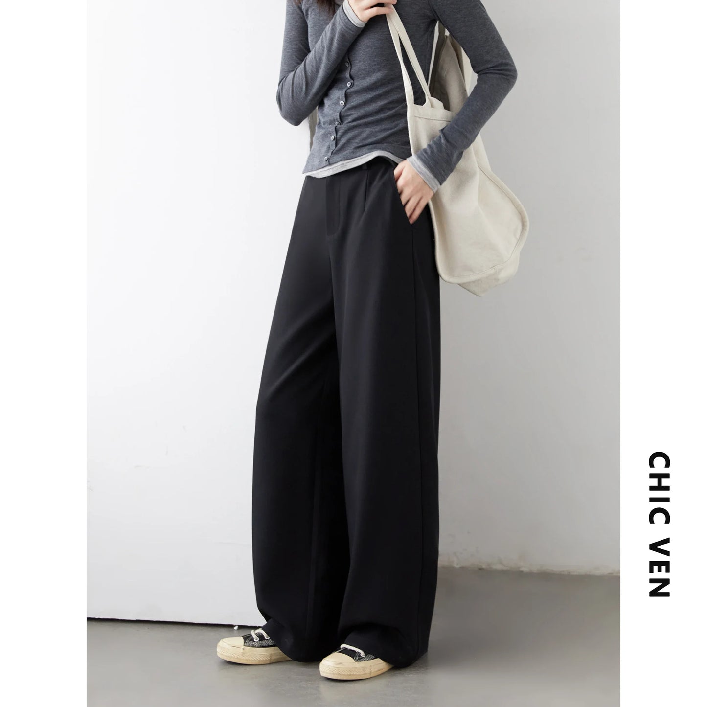 CHIC VEN Women's Solid Trousers – Casual Straight-Leg & Wide-Leg Suit Pants for Spring & Autumn