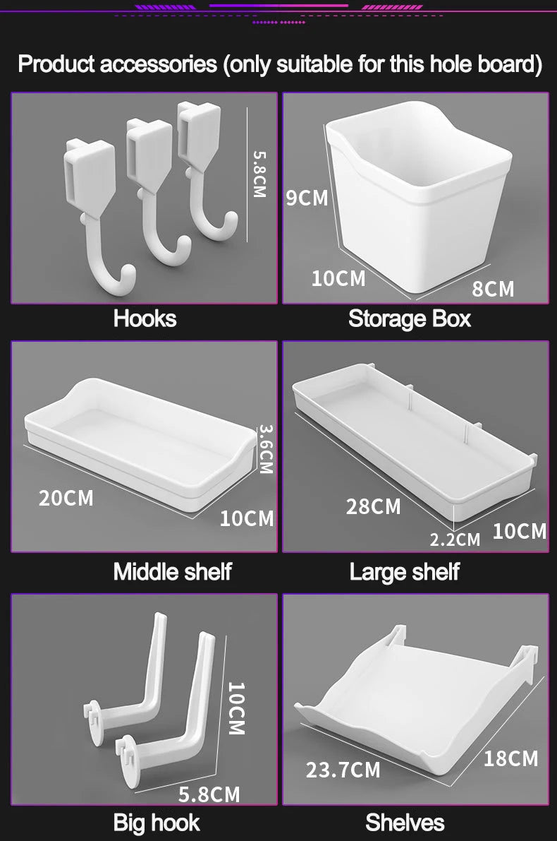 Organizador de pared de tablero perforado sin taladros – Panel de almacenamiento modular con estantes y accesorios para cocina, baño y sala de juegos