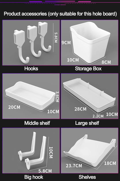 Organizador de pared de tablero perforado sin taladros – Panel de almacenamiento modular con estantes y accesorios para cocina, baño y sala de juegos