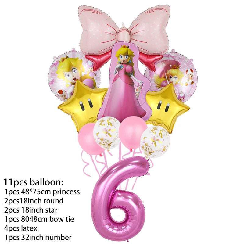Princess Peach Party Supplies Set – Cartoon Anime-Themed Tableware, Balloons & Decorations for Children's Birthdays & Baby Showers