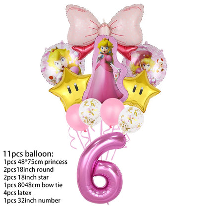 Princess Peach Party Supplies Set – Cartoon Anime-Themed Tableware, Balloons & Decorations for Children's Birthdays & Baby Showers