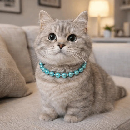 Adjustable Pearl Pet Collar – Bling Simulated Pearl Beaded Necklace with Elegant Bow Knot Ribbon for Cats & Small Dogs