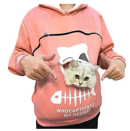 Women's Cute Cat Pocket Hoodie – Long Sleeve Casual Sweatshirt for Spring, Autumn & Winter, Simple Commuter Top with Pet Pocket