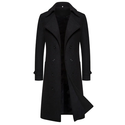 Men’s Long Woolen Trench Coat – Double-Breasted Slim-Fit Overcoat with Turn-Down Collar, Fashionable Spring & Autumn Outerwear