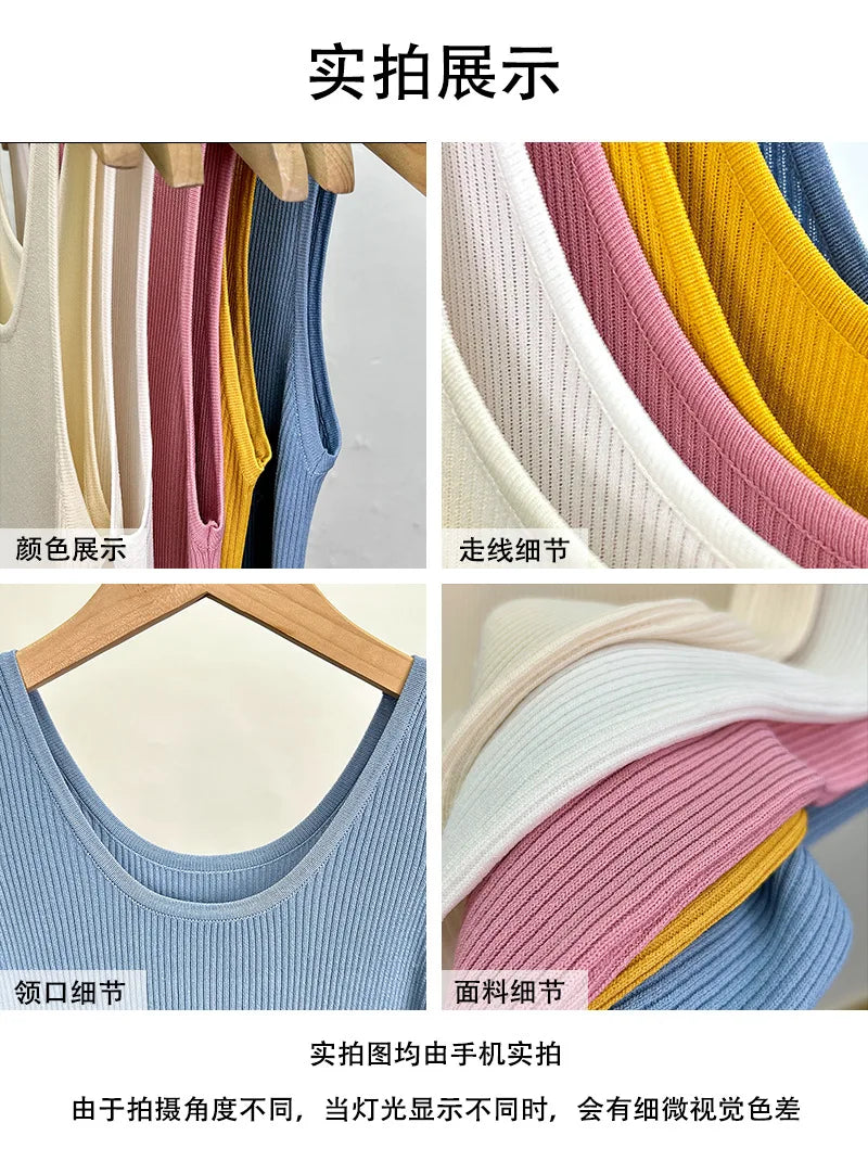 Haut court décontracté basique en tricot à col en U sans manches et de couleur unie pour femme, idéal pour l'automne