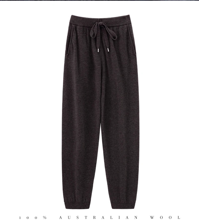 Pantalones de cachemir 100 % pura lana para mujer, de punto, sueltos, de cintura alta, con puños, para otoño e invierno, de corte recto y ajustado