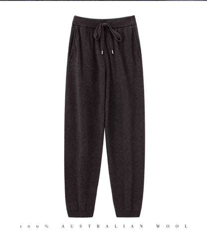 Pantalones de cachemir 100 % pura lana para mujer, de punto, sueltos, de cintura alta, con puños, para otoño e invierno, de corte recto y ajustado