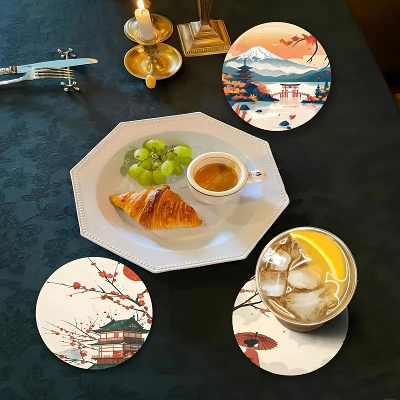 4/6PCS Wooden Coasters – Cherry Blossom, Kimono & Mount Fuji Japanese-Style Design Coffee Table Drink Mats for Home & Dining