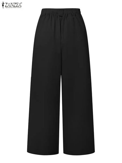 2025 ZANZEA Women's High-Waist Wide-Leg Trousers – Elegant Pleated Palazzo Pants for Office, Work, Autumn & Casual Streetwear
