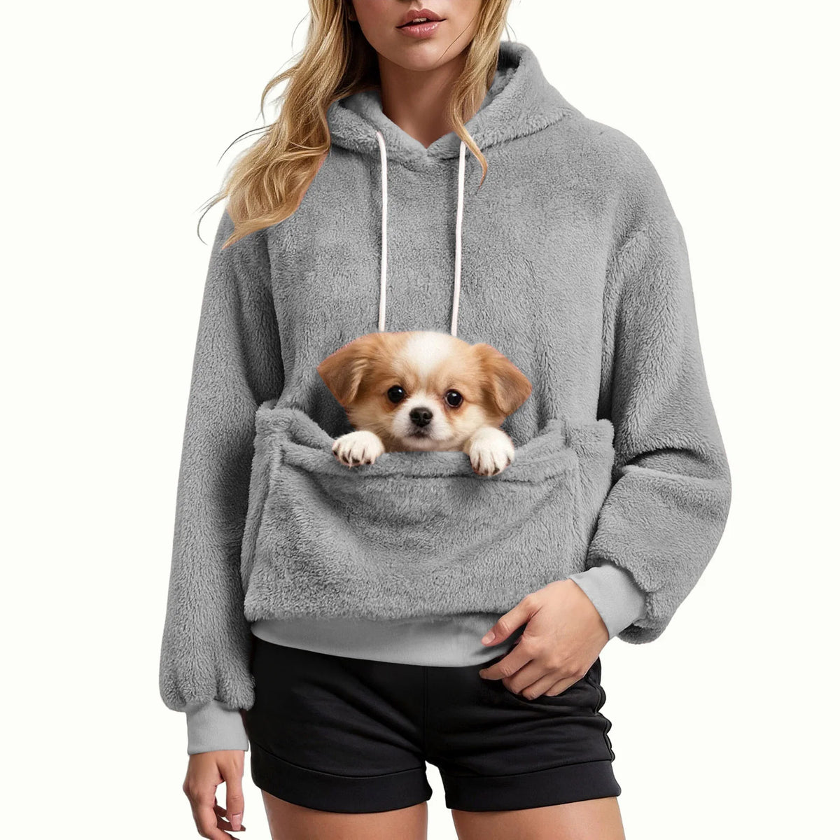 Women's Fall & Winter Fleece Hoodie – Casual Solid-Color Pullover Sweatshirt with Pet Pocket, Drawstring Hood & Cozy Loose Fit