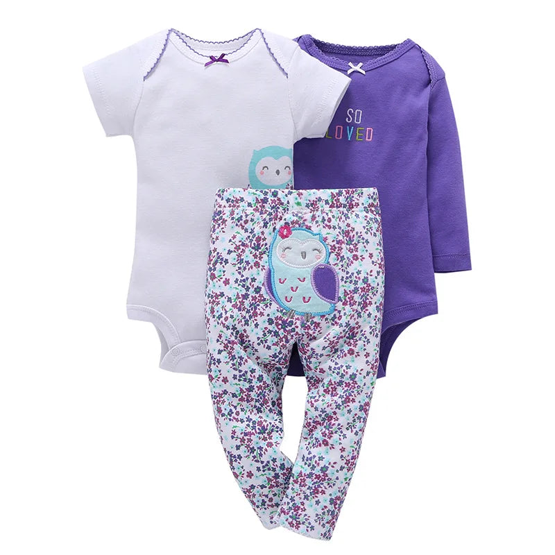 3PCS Baby Bodysuit Set – Soft Cotton Long & Short Sleeve Infant Rompers with Comfortable PP Pants for Baby Boys & Girls