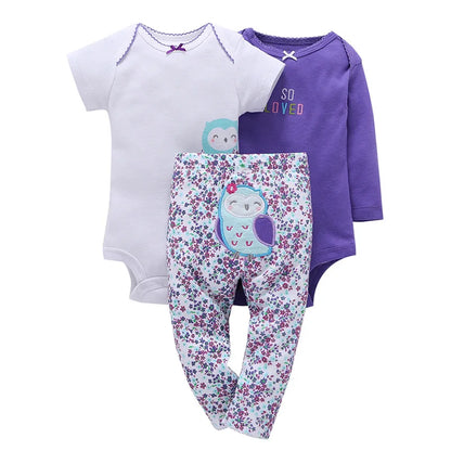 3PCS Baby Bodysuit Set – Soft Cotton Long & Short Sleeve Infant Rompers with Comfortable PP Pants for Baby Boys & Girls
