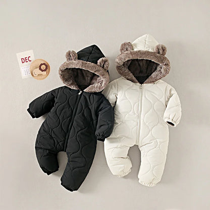 0-3 Years Baby Hooded Fleece Onesie – Warm Cotton Autumn & Winter Romper, Solid-Color Newborn Crawling Suit for Infants & Toddlers