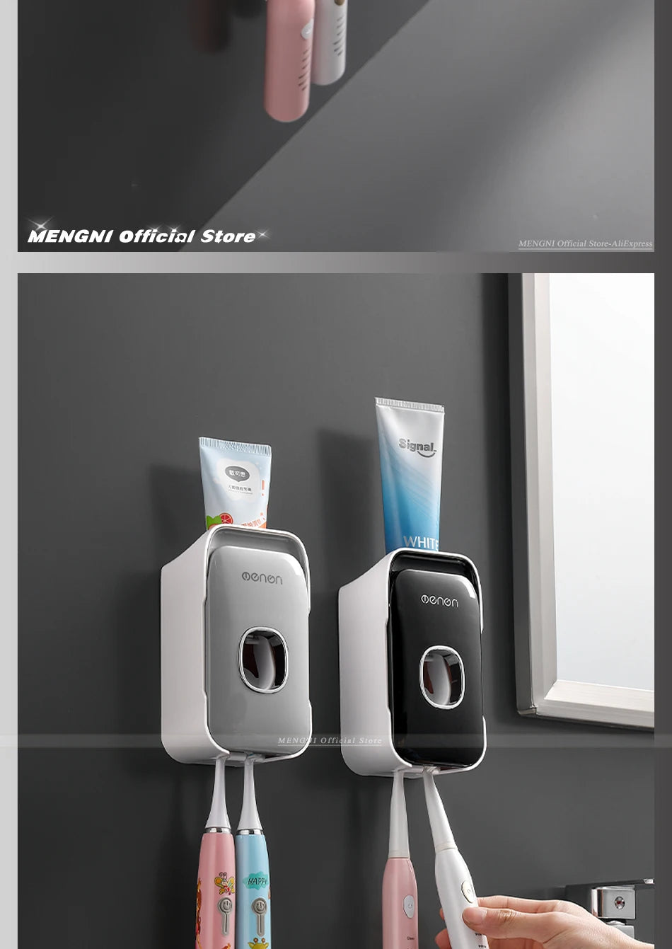 Dispensador de pasta de dientes MENGNI – Exprimidor de pasta dental montado en la pared para baño, soporte para cepillo de dientes sin taladros, organizador manual de bomba de pasta de dientes para almacenamiento y uso diario en el baño