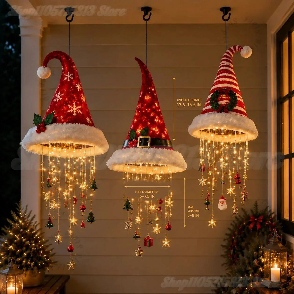 Lighted Santa Hat Hanging Chandelier – Warm LED Christmas String Lights with Festive Ornaments, 3 Styles for Holiday Decor
