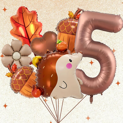 7PCS Autumn Pinecone & Hedgehog Balloon Set – 40-Inch Number Balloons 1–9 for Birthday, Thanksgiving Party Decor & Photo Props