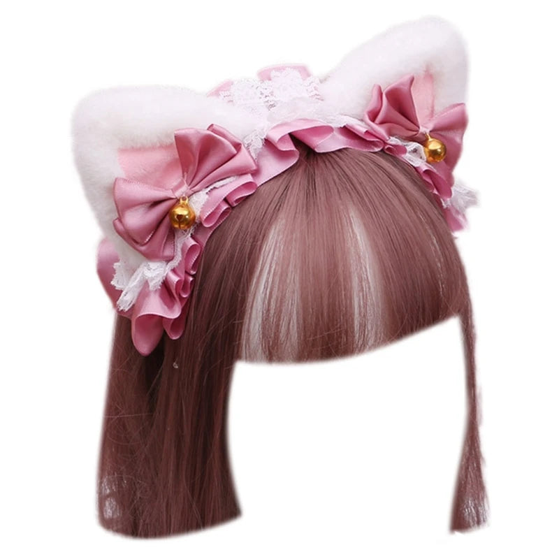 Cute Anime Lolita Cat Ear Headband, Plush Animal Ears with Ruffled Lace, Ribbon Bow and Bell, Kawaii Cosplay Hair Hoop for Masquerade, Costume Parties, and Daily Wear
