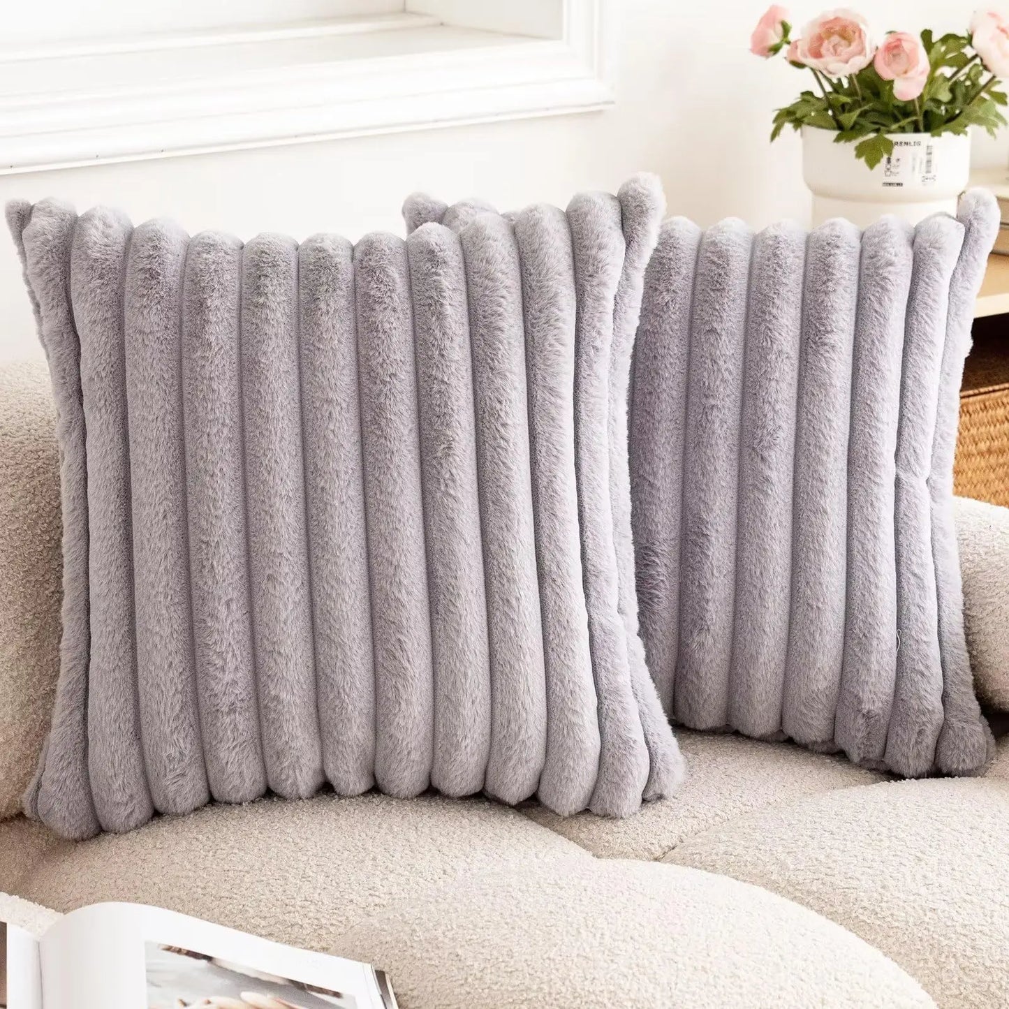 Faux Rabbit Fur Throw Pillow Cover - Ultra Soft Striped Decorative Cushion Cover for Sofa, Bed & Living Room (40x40 & 45x45 cm)