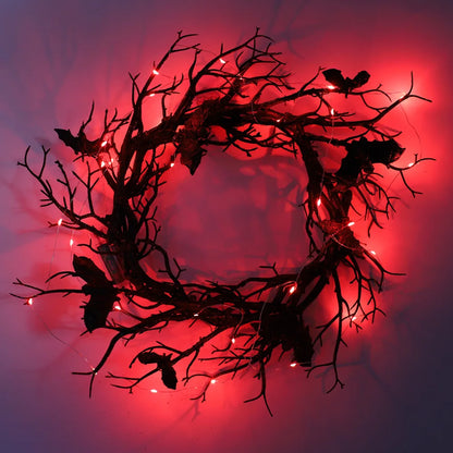 Halloween Artificial Bat Wreath – Black Branch Wreath with LED Lights for Front Door, Window, Home & Spooky Halloween Decorations