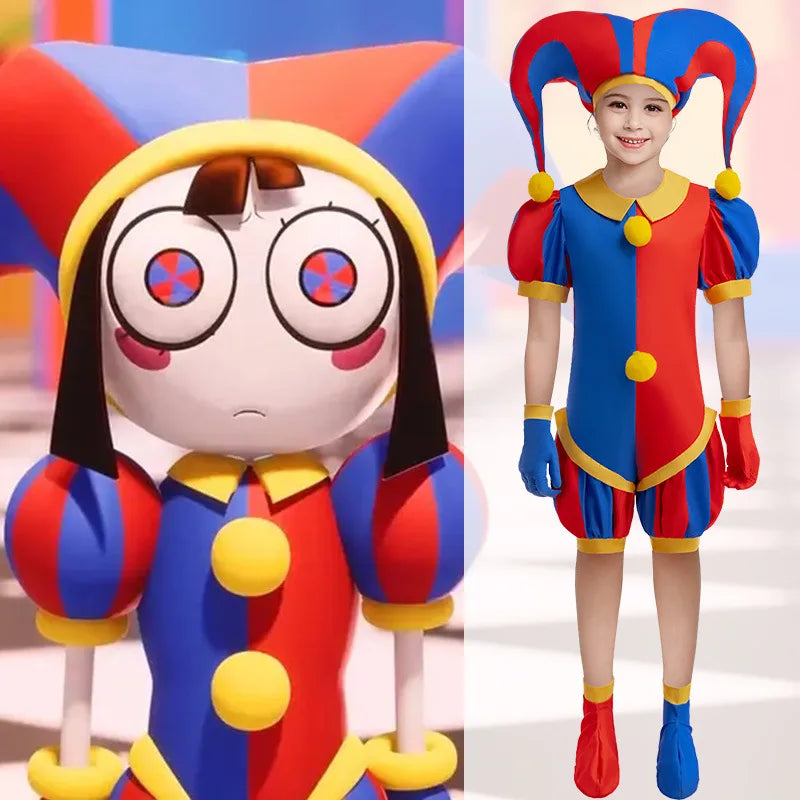 Pomni Digital Circus Cosplay Costume – Christmas Cartoon Jumpsuit with Hat for Kids, Theater Performance, Carnival & Party Outfit