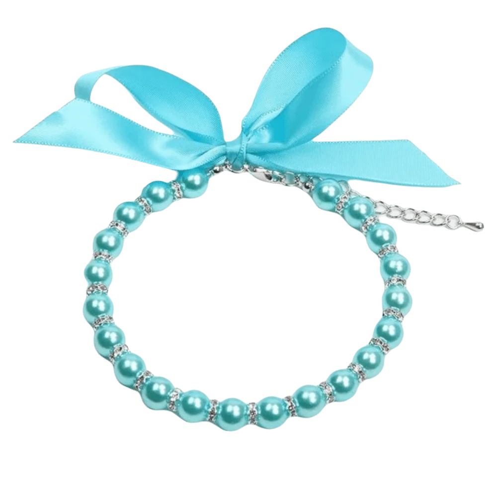 Adjustable Pearl Pet Collar – Bling Simulated Pearl Beaded Necklace with Elegant Bow Knot Ribbon for Cats & Small Dogs
