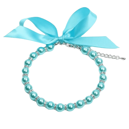 Adjustable Pearl Pet Collar – Bling Simulated Pearl Beaded Necklace with Elegant Bow Knot Ribbon for Cats & Small Dogs