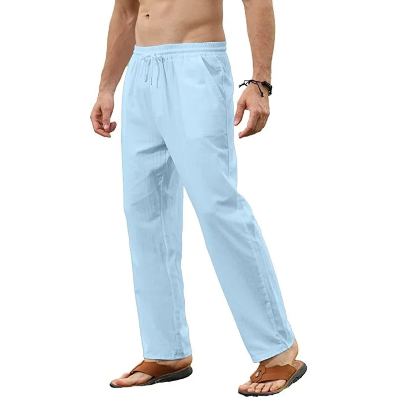 Men's Cotton Linen Drawstring Pants – Breathable Loose Fit Casual Jogger Trousers for Yoga, Beach & Everyday Wear
