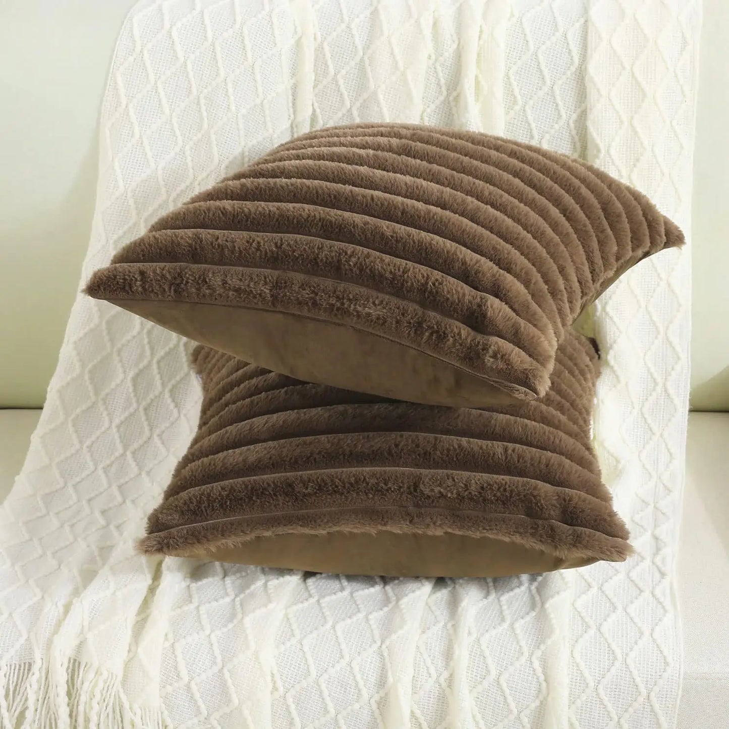 Faux Rabbit Fur Throw Pillow Cover - Ultra Soft Striped Decorative Cushion Cover for Sofa, Bed & Living Room (40x40 & 45x45 cm)