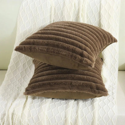Faux Rabbit Fur Throw Pillow Cover - Ultra Soft Striped Decorative Cushion Cover for Sofa, Bed & Living Room (40x40 & 45x45 cm)