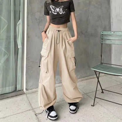 Women's Retro Workwear Pants – Loose Wide-Leg Straight Trousers with Cuffed Hem for Spring, Summer & Autumn