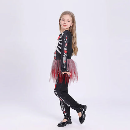 Colorful Skeleton Cosplay Costume for Kids – Girls One-Piece Tight Skirt Dress for Halloween Roleplay & Party Wear