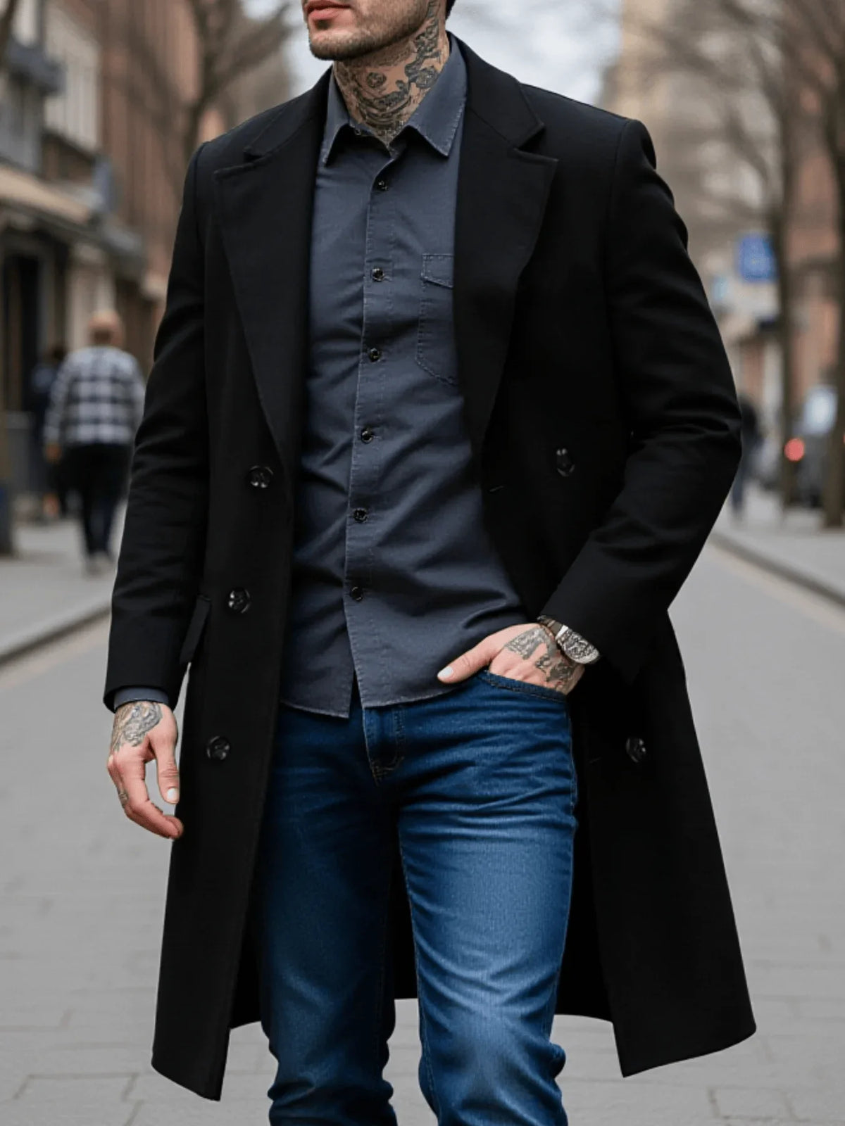 Men's Double-Breasted Wool Overcoat Thickened Winter Coat Solid Color Warm Long Jacket for Cold Weather Protection
