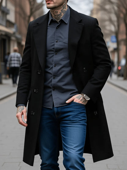 Men's Double-Breasted Wool Overcoat Thickened Winter Coat Solid Color Warm Long Jacket for Cold Weather Protection