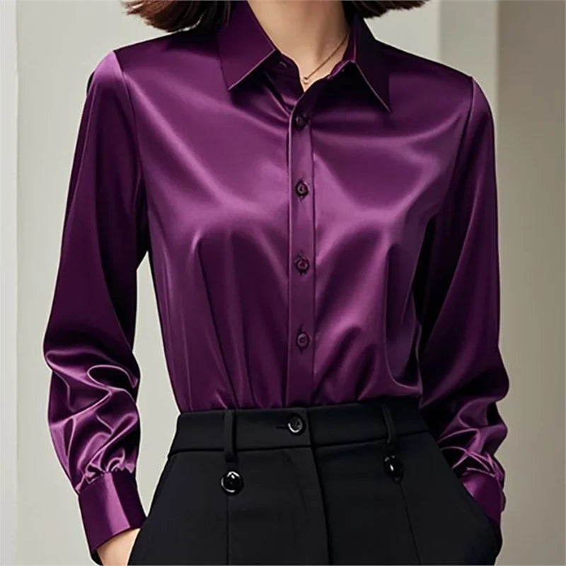 Chemisier en Soie Satinée à Manches Longues pour Femme – Chemise de Bureau Élégante Ample Boutonnée, Haut de Travail Professionnel d'Automne
