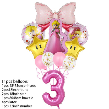 Princess Peach Party Supplies Set – Cartoon Anime-Themed Tableware, Balloons & Decorations for Children's Birthdays & Baby Showers