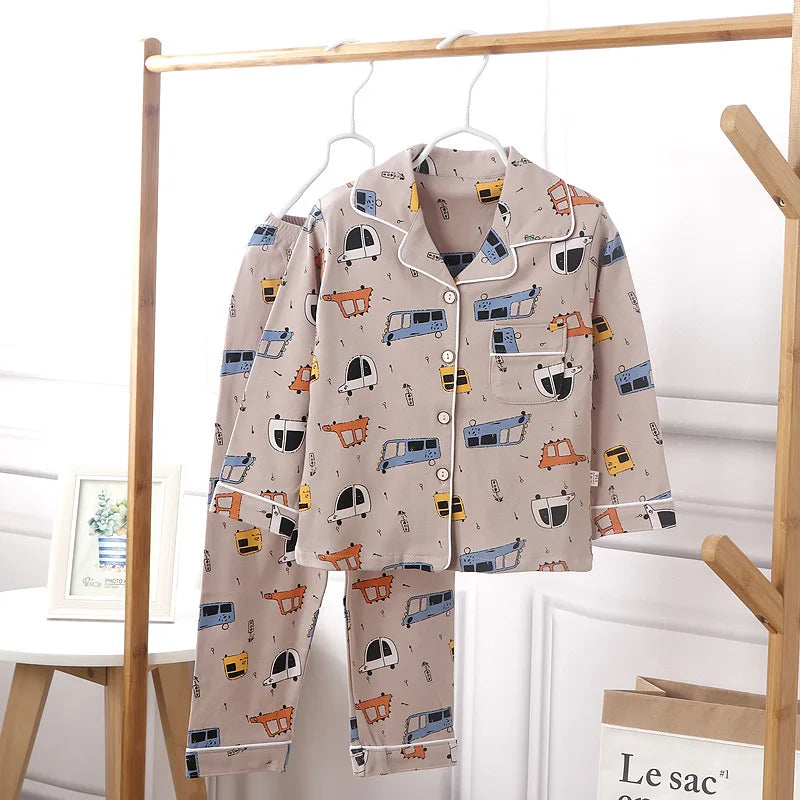 Kids' Cotton Pajama Set – Soft Cartoon Print Long-Sleeve Lapel Sleepwear for Boys & Girls, Comfortable Loose Spring Nightwear