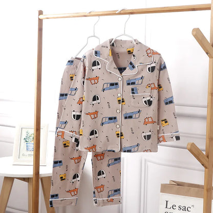 Kids' Cotton Pajama Set – Soft Cartoon Print Long-Sleeve Lapel Sleepwear for Boys & Girls, Comfortable Loose Spring Nightwear