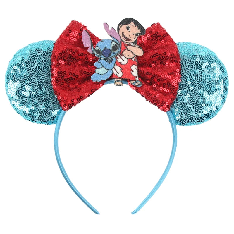 Diadema de orejas de Mickey Mouse de Lilo & Stitch – Lazo de lentejuelas de 5" Accesorio para el cabello de dibujos animados para mujeres y niñas | Diadema para fiestas y festivales